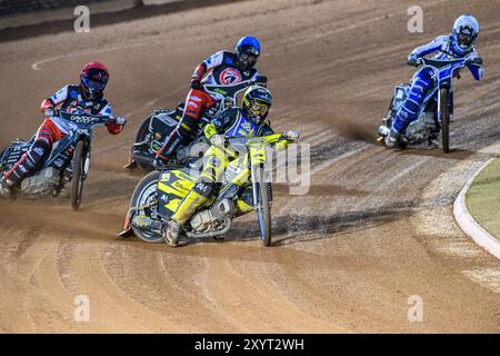 Edinburgh Monarchs' Dayle Wood in Yellow leading Belle Vue Colts' Freddy Hodder in Red Belle Vue Colts' Matt Marson in Blue and Edinburgh Monarchs' Sam McGurk in White during the WSRA National Development League match between Belle Vue Aces and Edinburgh Monarchs at the National Speedway Stadium, Manchester on Friday 30th August 2024. (Photo: Ian Charles | MI News) Credit: MI News & Sport /Alamy Live News Stock Photo