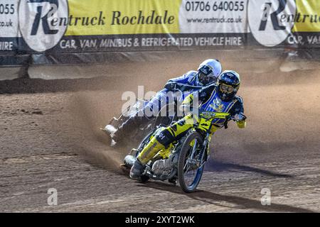 Edinburgh Monarchs' Dayle Wood in Yellow leading Edinburgh Monarchs' Sam McGurk in White during the WSRA National Development League match between Belle Vue Aces and Edinburgh Monarchs at the National Speedway Stadium, Manchester on Friday 30th August 2024. (Photo: Ian Charles | MI News) Credit: MI News & Sport /Alamy Live News Stock Photo