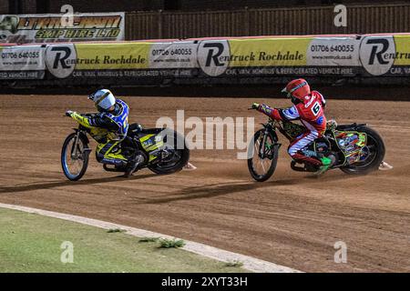 Belle Vue Colts' William Cairns in Red chases Edinburgh Monarchs' Dayle Wood in White during the WSRA National Development League match between Belle Vue Aces and Edinburgh Monarchs at the National Speedway Stadium, Manchester on Friday 30th August 2024. (Photo: Ian Charles | MI News) Credit: MI News & Sport /Alamy Live News Stock Photo