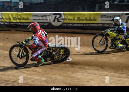 Belle Vue Colts' William Cairns in Red passes Edinburgh Monarchs' Dayle Wood in White as he rides towards his maximum score during the WSRA National Development League match between Belle Vue Aces and Edinburgh Monarchs at the National Speedway Stadium, Manchester on Friday 30th August 2024. (Photo: Ian Charles | MI News) Credit: MI News & Sport /Alamy Live News Stock Photo