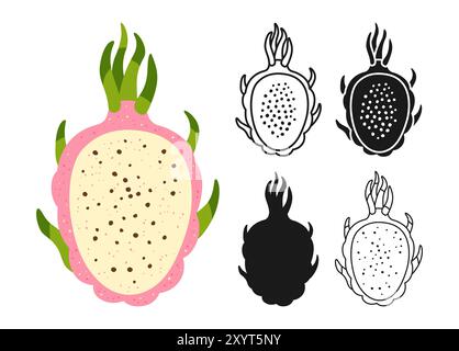Dragon fruit symbol cartoon set. Juicy half dragon fruit linear doodle icon. Abstract tropical flat hand drawn fruit. Sign stylized simple cute linear art. Vector clipart graphic trendy illustration Stock Vector