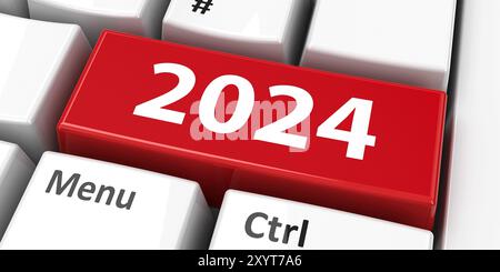 Computer keyboard with 2024 key represents new 2024 year, three-dimensional rendering, 3D illustration Stock Photo