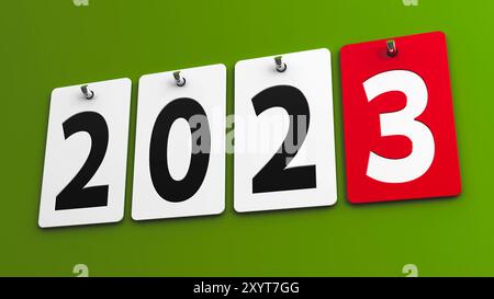 Plates 2023 on the green wall, represents the new year 2023, three-dimensional rendering, 3D illustration Stock Photo