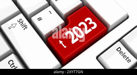 Computer keyboard with 2023 enter key, three-dimensional rendering, 3D illustration Stock Photo