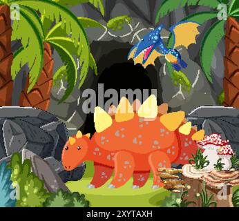Dinosaurs near a cave in lush jungle Stock Vector