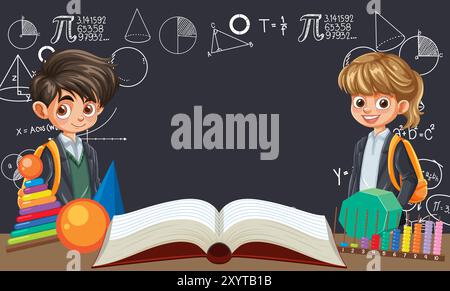 Two kids studying math with geometric shapes Stock Vector