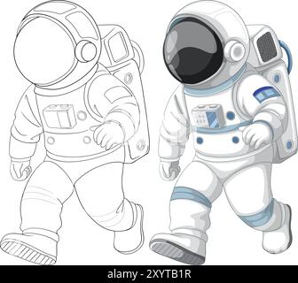 Two children in astronaut suits, one colored, one outlined Stock Vector