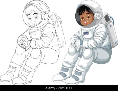 Two kids in astronaut suits, one colored Stock Vector