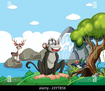 Animals enjoying nature near a waterfall Stock Vector