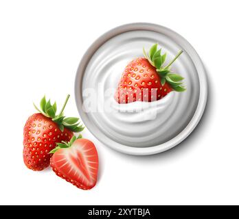3d realistic icon illustration. Bowl of yoghurt with whole strawberry and half strawberry. Whipped cream with strawberries isolated on white backgroun Stock Vector