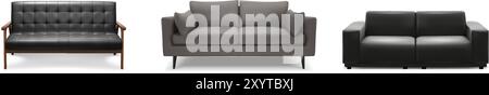 3d realistic icon set illustrations. Leather sofas in black and gray color. gray sofa, couch on a white background. Stock Vector