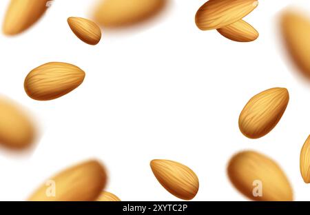 3d realistic icon illustration. Almond nuts banner falling frame with blurred nuts. Stock Vector