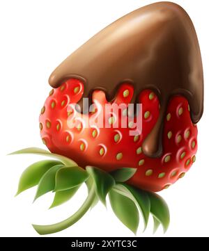 3d realistic icon illustration. Whole strawberry covered with dripping chocolate. Stock Vector