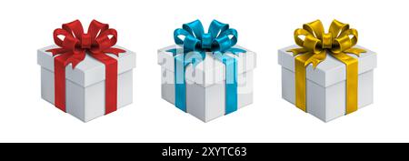 3d realistic icon illustration. Set of white gift boxes with red, blue or gold silky ribbons bow. Present box isolated on white background. Stock Vector