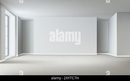 3d realistic illustration. Empty white room interior with big window and empty wall for precentation space. Stock Vector