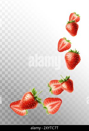 3d realistic illustration banner. Falling red strawberries. Isolated on background. Stock Vector