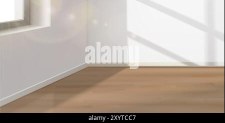 3d realistic interior design illustration. Empty room with wooden floor, sunlight and window for ad layouts. Stock Vector