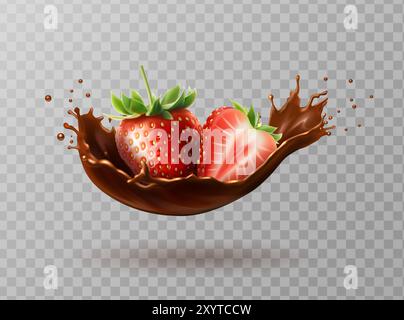 3d realistic icon illustration. Chocolate strawberry milk. Choco splash with strawberries falling. Isolated n white background. Dairy products or coco Stock Vector