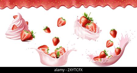 3d realistic illustration. Set of strawberry with whipped cream,splash of milk with ripe strawberries, falling red berries. Stock Vector