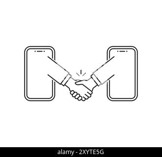 thin line handshake with smartphones Stock Vector