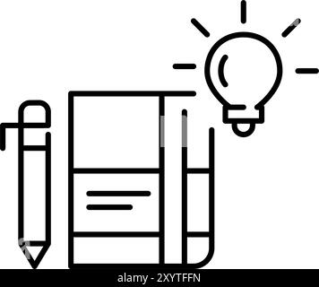 Planner, pencil and glowing light bulb. Agenda with bright ideas and insightful planning. Pixel perfect vector icon Stock Vector