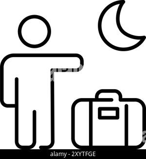 Man with suitcase hailing a taxi at the airport after a night flight. Pixel perfect vector icon Stock Vector