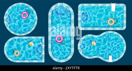 Realistic swimming pool bottom with blue water waves texture. Summer aqua surface with caustics ripples. Spa pool top view vector background Stock Vector