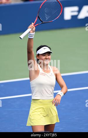 New York, USA. 30th Aug, 2024. Wang Yafan celebrates after winning the women's singles third round match between Wang Yafan of China and Victoria Azarenka of Belarus at the 2024 US Open tennis championships in New York, the United States, on Aug. 30, 2024. Credit: Li Rui/Xinhua/Alamy Live News Stock Photo