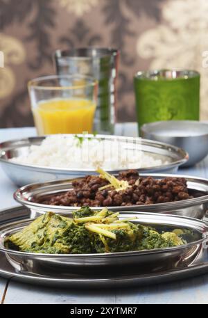 Indian murgh palak and dhal with rice Stock Photo