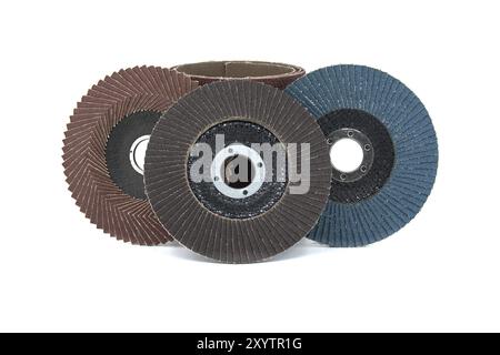 Sanding discs and sandpaper in close-up view isolated on white background, typically used for grinding, sanding, and polishing in various industries Stock Photo