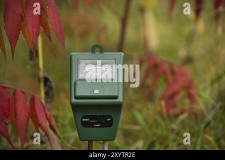 Agricultural meter to measure the soil pH, light and moisture level of the soil in a field with fresh green and red spring seedlings during crop culti Stock Photo