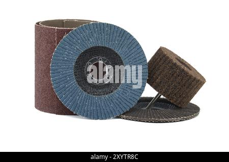 Flap discs for angle grinders, abrasive cloth flap wheels for use in drill in close-up view isolated on white background Stock Photo