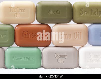 Different soap bars with healthy natural ingredients, ginseng, aloe, emu oil, tea tree oil, sea kelp on white background Stock Photo