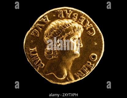 Ancient Roman Aurei coin depicting Roman emperor Nero Claudius Caesar Augustus Germanicus who was the final emperor of the Julio-Claudian dynasty, reigning from AD 54 until his death in AD 68. Stock Photo