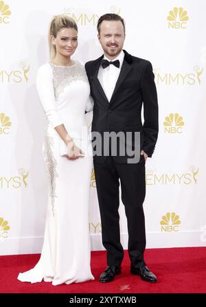 LOS ANGELES, CA, AUGUST 25, 2014: Aaron Paul and Lauren Parsekian at the 66th Annual Primetime Emmy Awards held at the Nokia Theatre L.A. Live in Los Stock Photo