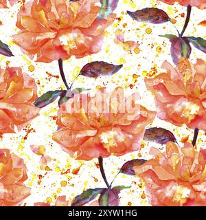 A seamless pattern with a watercolor drawing of a blooming pink rose and a butterfly, with splashes of paint, hand drawn on a white background Stock Photo