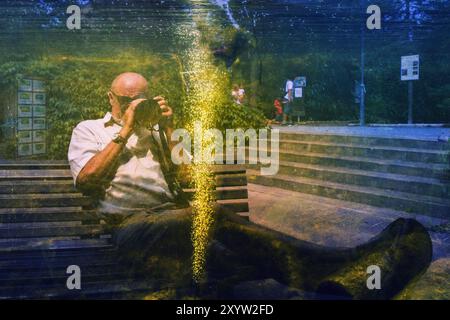 A photographer is reflected in the glass of an aquarium Stock Photo