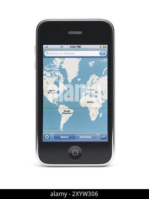 Apple iPhone 3Gs 3G smartphone displaying Google maps on the screen isolated with clipping path on white background. High quality photo Stock Photo