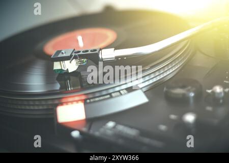 Close up picture of a record player, playing a record Stock Photo