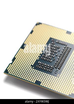 Intel i7 processor gold contacts CPU socket circuit isolated on white background Stock Photo