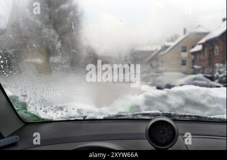 View through a steamed-up windscreen in winter Stock Photo