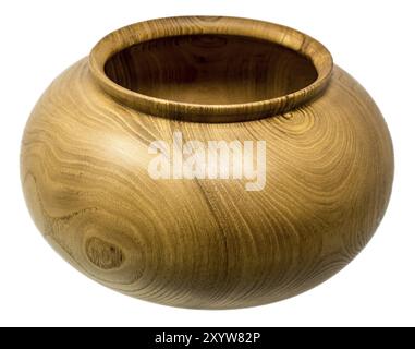 Deep hand-turned wooden bowl made of dark oak wood painted white Stock Photo
