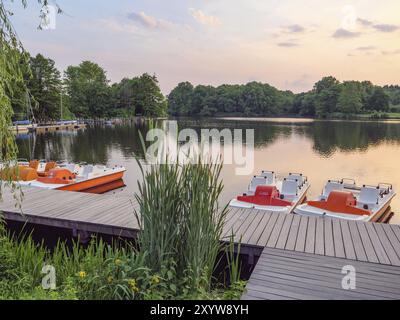 Pedal boats on the jetty of a lake at sunset, surrounded by nature and a peaceful atmosphere, Proebstingsee, Borken, Muensterland, Germany, Europe Stock Photo