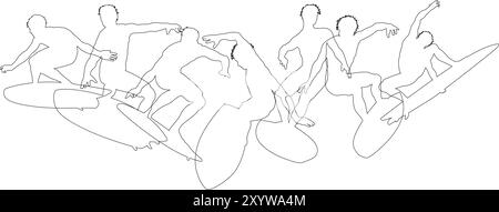Set of silhouettes of surfers on white background. Vector illustration ...