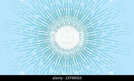 An abstract illustration featuring a symmetrical, mandala-like pattern of intricate turquoise lines radiating from a bright white center, Stock Vector