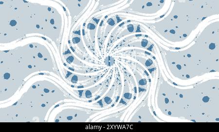 An abstract illustration featuring a spiral pattern of textured white lines with scattered blue splatters on a light gray background. Stock Vector