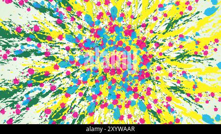 An energetic abstract illustration featuring a burst of vibrant paint splatters in pink, blue, and yellow radiating from a central point. The chaotic, Stock Vector