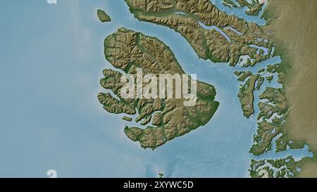 Disko Island in the Baffin Bay on a colored elevation map Stock Photo