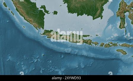 Java Island in the Java Sea on a colored elevation map Stock Photo