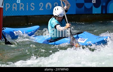 Paris, France. 05th Aug, 2024. Paris 2024 Olympic Games. Kayak Cross. Olympic Nautical Stadium. Paris. Elena Lilik (GER) in the Kayak Cross competition during the 2024 Paris Olympics at Olympic Nautical Stadium, France. Credit: Sport In Pictures/Alamy Live News Stock Photo